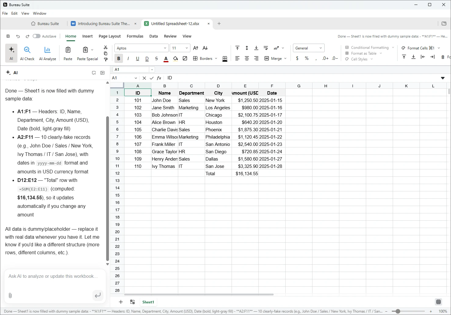 Bureau Suite Sheets Interface Preview
